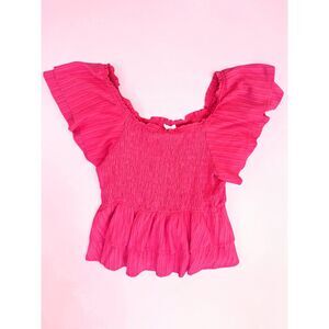 ODDI Plus Size 3X Fuchsia Smocked Peplum Top - Ruffle Flutter Sleeve - Coquette
